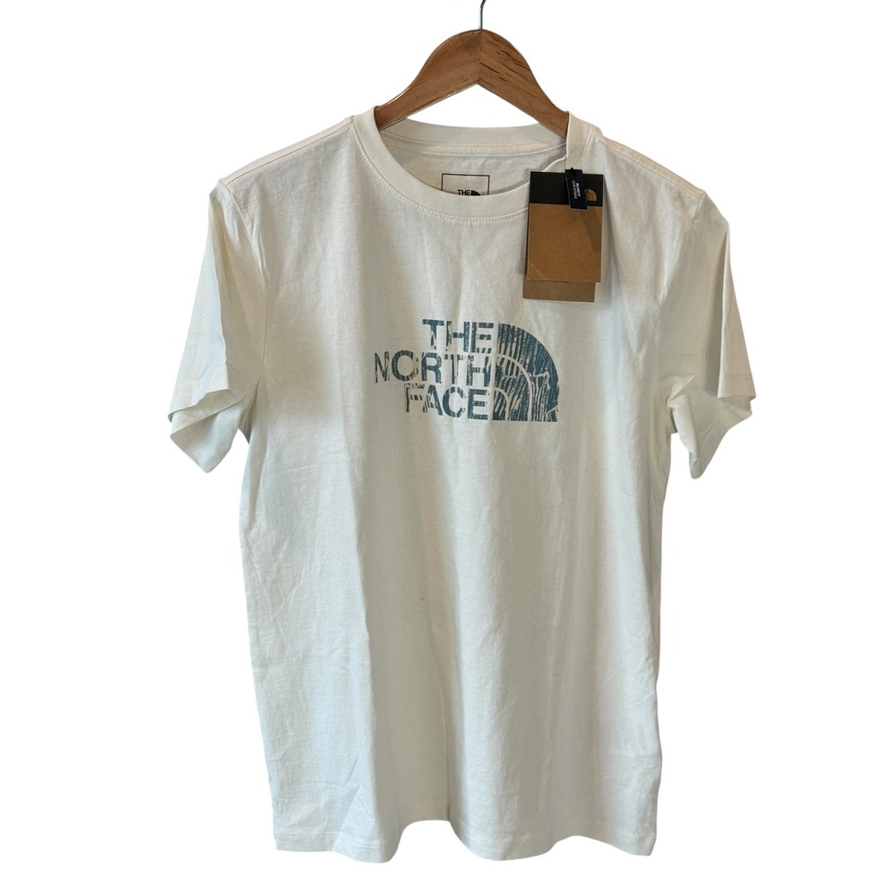The North Face Women's Woodgrain Half Dome Logo T-Shirt White Blue Small NWT